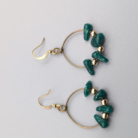 Gold Toned Hoop Drop Dangle Hook Earrings Gold Toned and Green Stone Like Beads - Picture 5 of 6